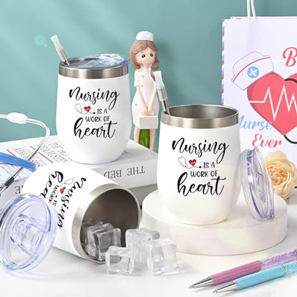 White Insulated Wine Tumbler Set of 6 Nurse Appreciation Gifts with Key Chains