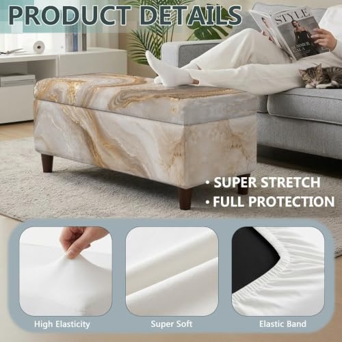 Large Brown Marble Print Flip-Top Storage Ottoman Cover - Elastic Fit