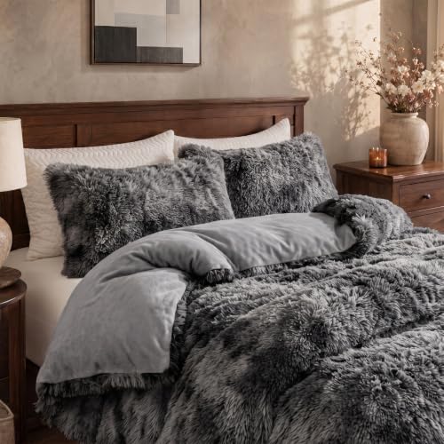 Tie-Dye Dark Grey Fluffy Queen Comforter Set - Luxurious Plush Bedding with Pillowcases