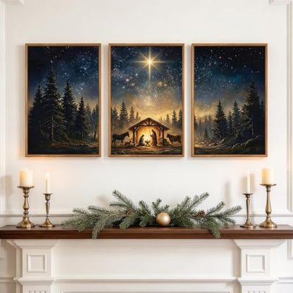 Large Framed Nativity Scene Canvas Wall Art - Christmas Holy Night Decor, 3 Pieces 24x35 Inches - Birth of Jesus Religious Wall Decor for Farmhouse & Church
