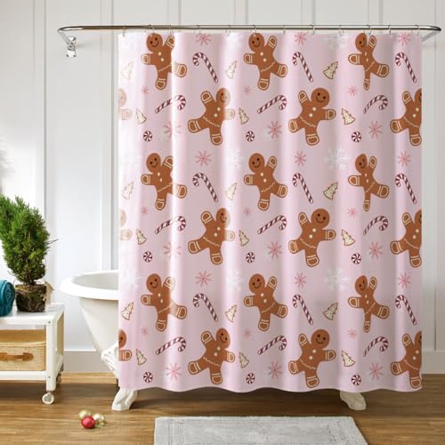 Christmas Shower Curtain Set - Pink Gingerbread Man Candy Cane Bathroom Decor, 72x72 Inches