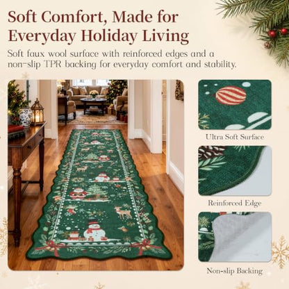 Green Christmas Runner Rug 2x6 Feet Scalloped Holiday Decor Non-Slip