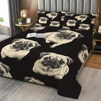 Full Size Pug Dog Pet Bed Sheet Set - Cartoon Microfiber Bedding with Deep Pockets - Black & Beige - 4 Piece