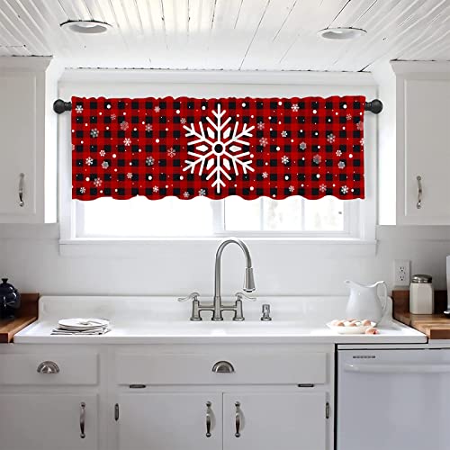 Snowflake Christmas Valance Curtain for Kitchen Window - Red Black Buffalo Check Plaid - 18x54 Inch - Pack of 1