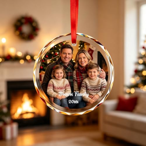 Personalized Photo Glass Ornament with Name & Date - Custom Holiday Keepsake - 02 Photo & Text Variation