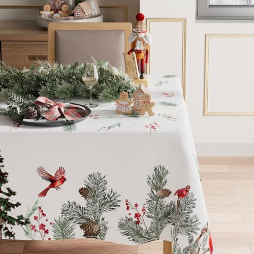 Christmas Tablecloth 60x84 Inch Winter Pine Birds Holiday Decor Washable Rectangle