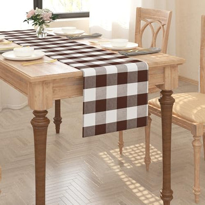Buffalo Check Farmhouse Table Runner 12x60 Inches - Brown & White Plaid, Double-Sided