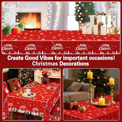 Christmas Tablecloths 3 Pack - Red Festive Plastic Covers with Santa & Snowflakes