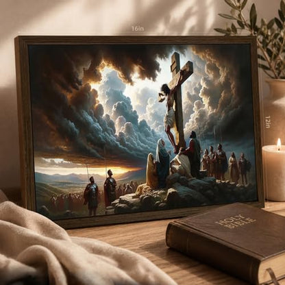 Jesus Calvary Crucifixion Wall Art Canvas 16x24 Inches - Cross Wood Frame Variation of THIS listing