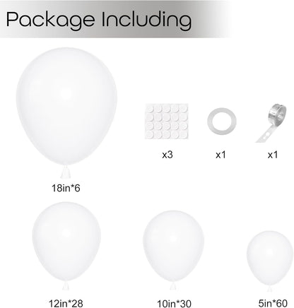 Ouddy White Balloon Set - 129 Pcs in Various Sizes with 6 Pcs 18” Matte White Balloon Arch Kit | Perfect for Birthdays, Weddings, and Celebrations