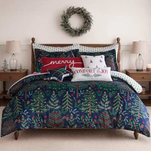 King Duvet Cover Set - Woodsy Wonder Holiday Forest Trees & Pinecones, Reversible Velvet, Navy, with Shams - Variation of THIS listing