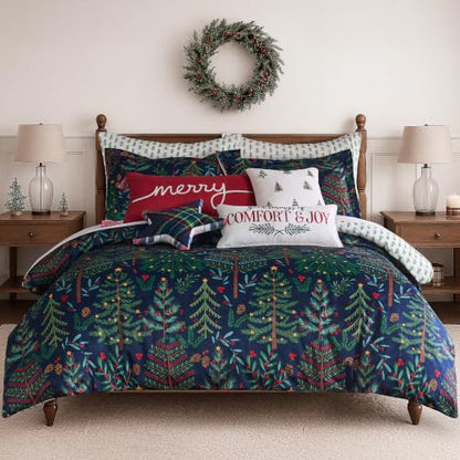 King Duvet Cover Set - Woodsy Wonder Holiday Forest Trees & Pinecones, Reversible Velvet, Navy, with Shams - Variation of THIS listing