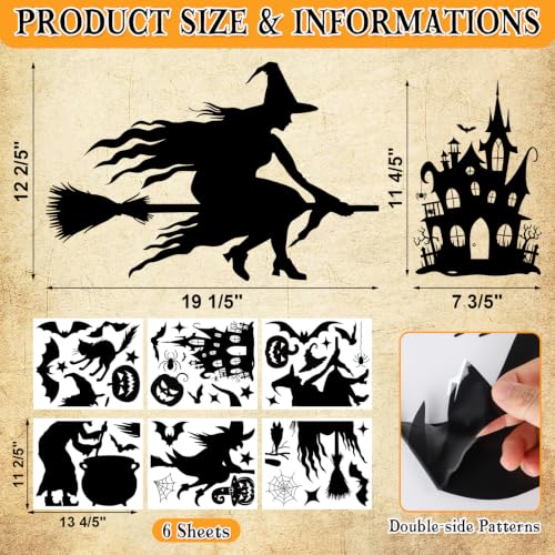Castle Halloween Window Clings Set - Large Witch Bats Decor for Windows, Black, 6 Sheets - Variation: Castle