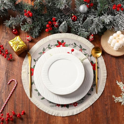 12 Pcs Christmas Round Placemats 15 Inch Embroidered Poinsettia Table Mats with Tassels