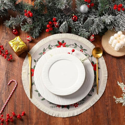 12 Pcs Christmas Round Placemats 15 Inch Embroidered Poinsettia Table Mats with Tassels