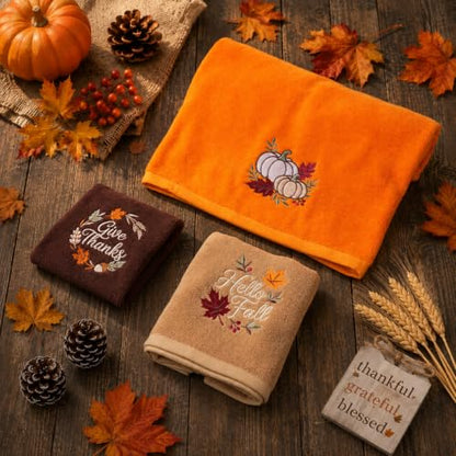 Autumn Harvest Pumpkin Bathroom Towel Set 6 Piece - Fall Decor Cotton