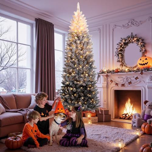 7.5Ft Slim Flocked Christmas Tree - White & Black Gradient Artificial Decor