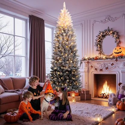 7.5Ft Slim Flocked Christmas Tree - White & Black Gradient Artificial Decor