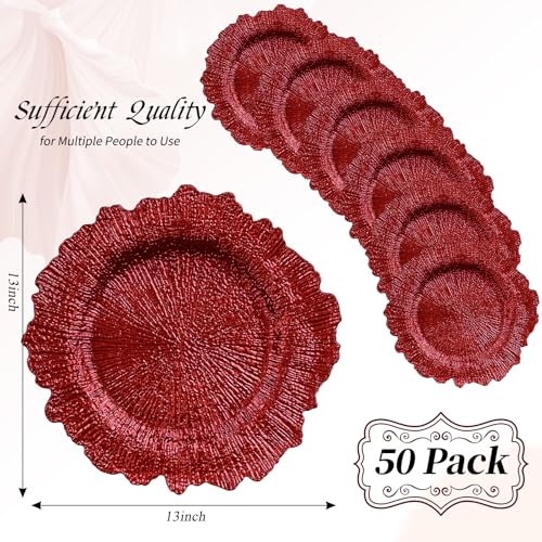 50 Pack Red 13-Inch Reef Charger Plates Bulk - Elegant Table Decor