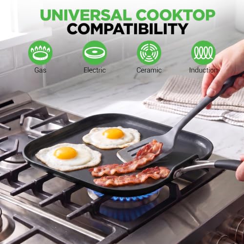 NutriChef 11-Inch Square Nonstick Griddle Pan with Induction Base - Black