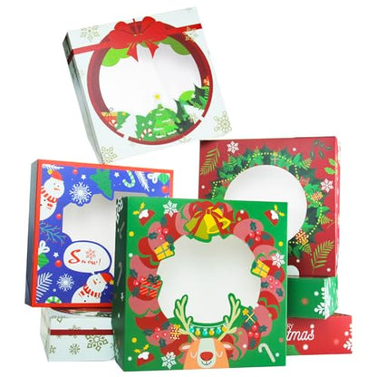 Christmas Pie Boxes with Window 10x10x2.5 Inch - 12 Pack Cookie Bakery Boxes - Holiday Gift Packaging
