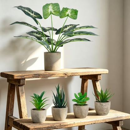 Artificial Plant Set with Concrete-Style Pots - 2 Large Tropical & 4 Mini Succulents