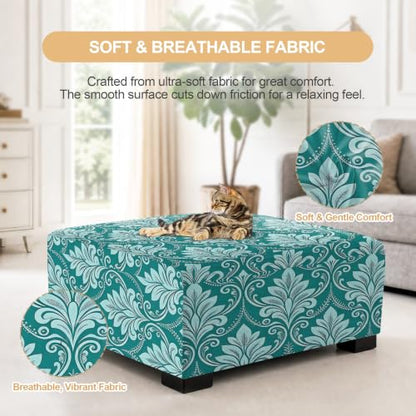 Stretch Square Ottoman Cover with Nonslip Bottom - Blue Damask Plant, Large