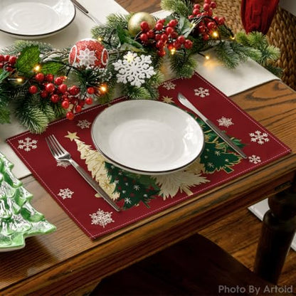 Christmas Placemats Set of 12 - Red Snowflakes & Trees, 12x18 Inches, Seasonal Table Decor