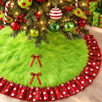 Wninbu Lime Green Christmas Tree Skirt 60 Inch Red Ruffle Polka Dot Bows