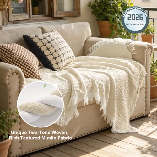 EMME 100% Cotton Muslin Blanket with Tassels - Khaki Queen 80x90 Inches