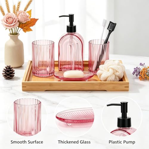 Pink Glass Bathroom Accessories Set with Toothbrush Holder - 14oz