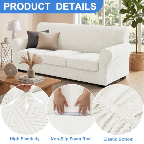 Stretch Sofa Cover Set for 3 Cushion Couch - Off-White 71-91 Inches - 4 Pieces
