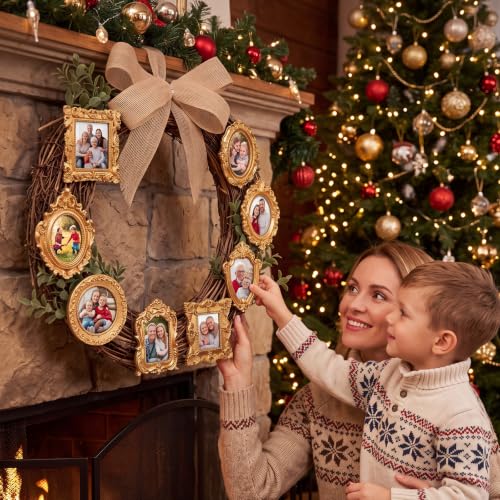 Rustic Christmas Wreath with Gold Photo Frames - Holiday Farmhouse Decor