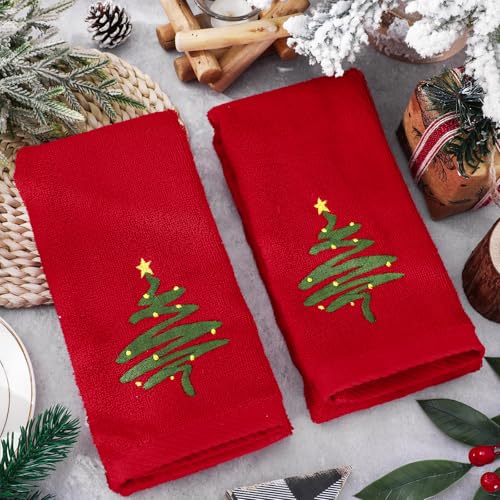 Christmas Hand Towels Set - Embroidered Red Green Xmas Tree Cotton Dish Towels, 29.5 x 13.7 Inch