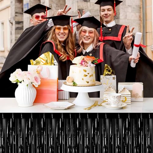 Black Foil Fringe Table Skirts 3 Pack - Metallic Tinsel Streamers for Party Decor