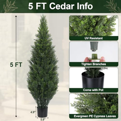 5Ft Artificial Cedar Topiary Trees with Pot - Realistic Outdoor & Indoor Decor