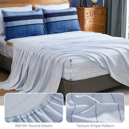 Navy Blue Queen Comforter Set 7 Pieces Striped Bed in a Bag - Soft Microfiber
