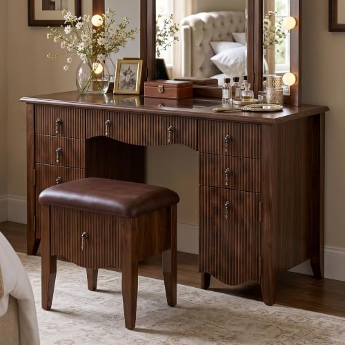 Mid-Century Modern Vanity Stool with Storage Drawer, Walnut