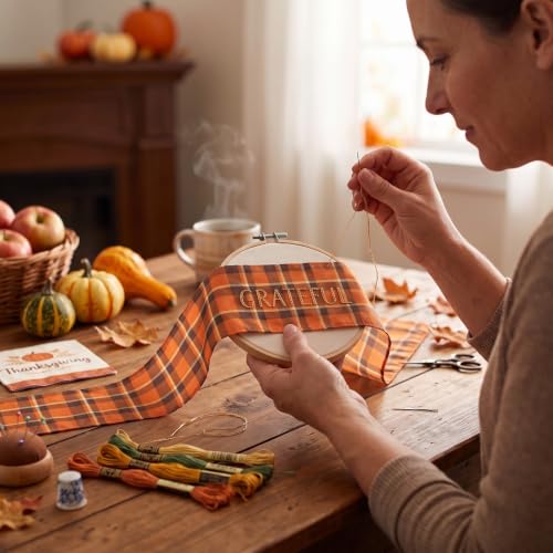 Fall Wreath Sash Orange Black Plaid Ribbon Bow for Front Door - 5x55.91 inches