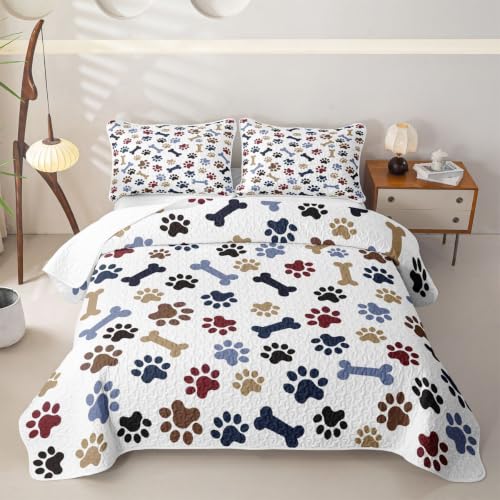 Navy Blue Brown Full Size Cartoon Paw Print Quilt Bedspread Set with Pillowcases