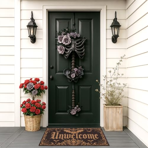 Halloween Front Door Mat Gothic Bat Skull Doormat with Unwelcome Design - Bat Variation