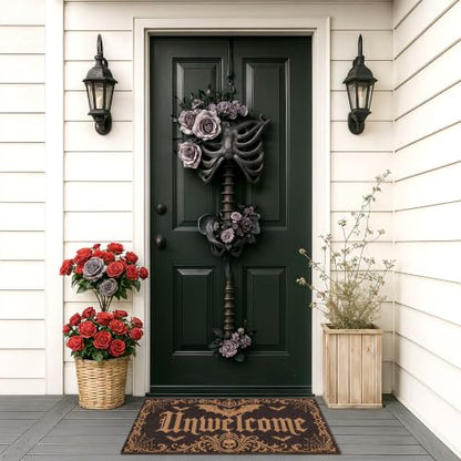 Halloween Front Door Mat Gothic Bat Skull Doormat with Unwelcome Design - Bat Variation