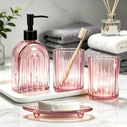 Glass Bathroom Accessories Set - 4 Piece Pinkish Tumbler Soap Dispenser & Dish
