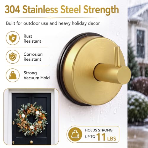 2 Pack Gold Suction Cup Wreath Hooks for Glass Doors - Heavy Duty Support