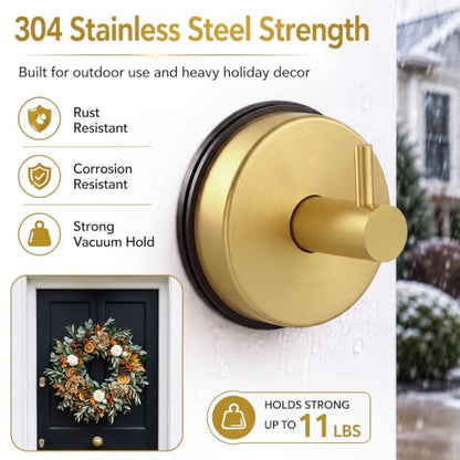 2 Pack Gold Suction Cup Wreath Hooks for Glass Doors - Heavy Duty Support