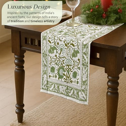 Agate Green Cotton Table Runner 16x106 Inches Floral Hand-Block Print