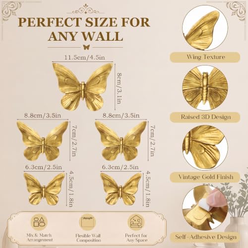 Kathfly 5 Pcs Gold Resin Butterfly Wall Decor Set with Variations