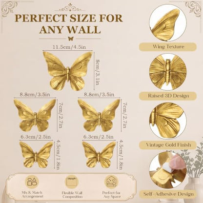 Kathfly 5 Pcs Gold Resin Butterfly Wall Decor Set with Variations