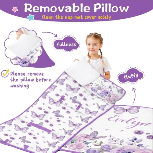 Personalized Toddler Nap Mat with Name - Butterfly Kids Roll Up with Pillow & Blanket, Style 2, 50x20"