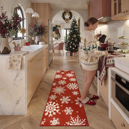 HUGEAR Red Snowflake Christmas Runner Rug 2x5ft Non-Slip Holiday Decor